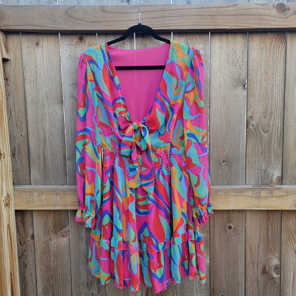 Womens Casual Deep V Neck Knotted Tiered Chiffon Dress